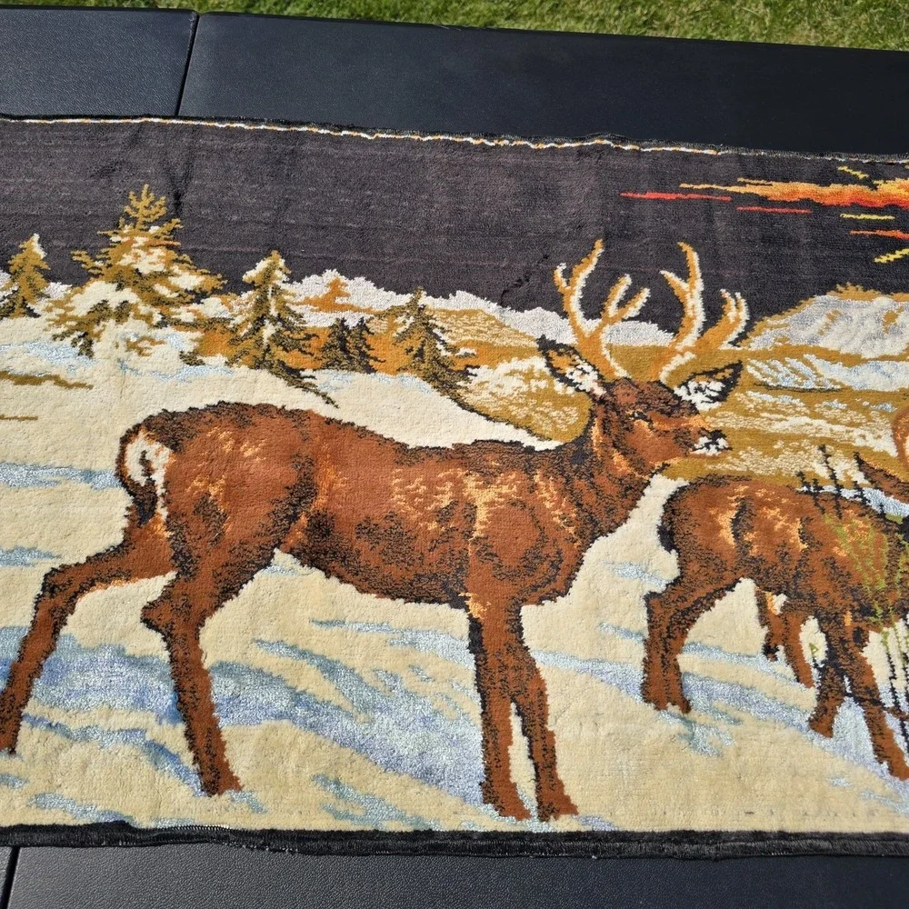Tapestry Deer Stag woodland Vtg 60s velvet Wall Hanging Belgium Cottagecore